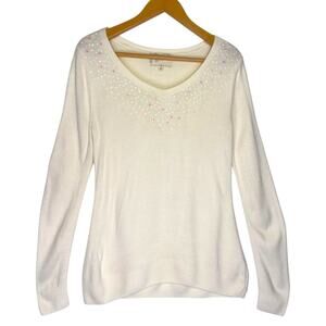 Debbie Morgan Women's Sequin V-Neck Sweater Size M Cream Winter Long Sleeve